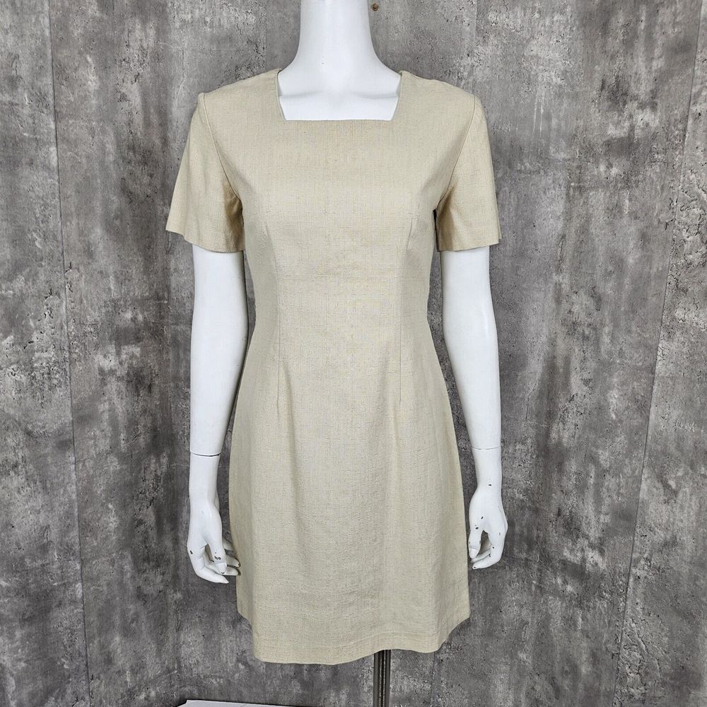 Vintage‎ 90s Betsys Things Womens S Beige Textured Linen Sheath Square Neck Mini
